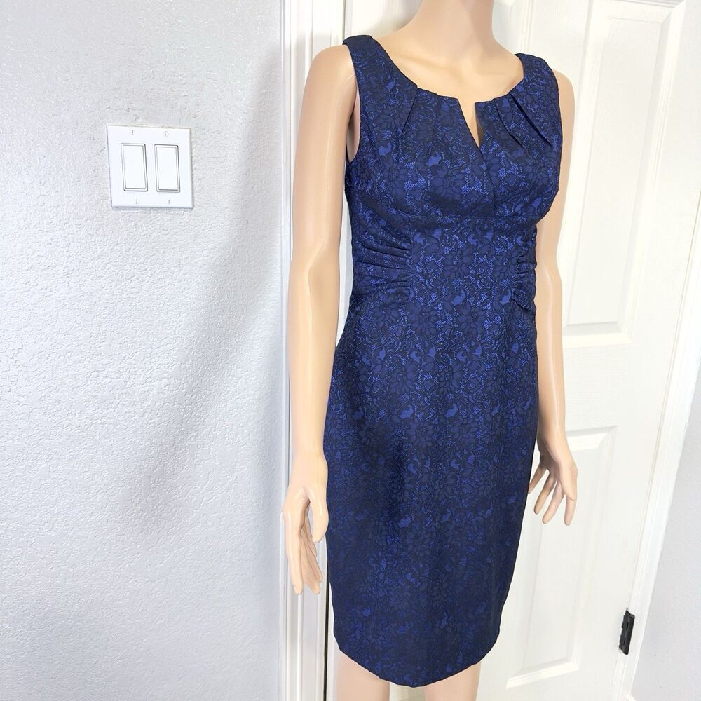Adrianna Papell Petite Blue Lace Sheath Dress 4P Sleeveless Cocktail Career - Picture 2 of 12